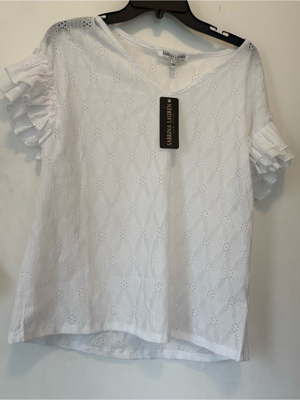 Women’s White Eyelet Ruffle Sleeve Tee - Picture 9 of 12